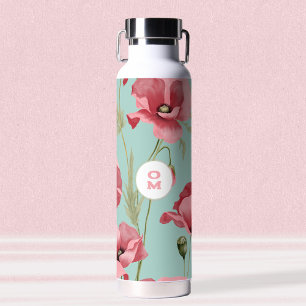 Modern Groot Roze Poppy Wildflower Monogram Waterfles
