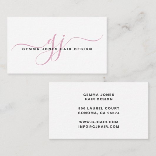 Modern Haar Stylist Roze Script Monogram Wit Visitekaartje (Voorkant / Achterkant)
