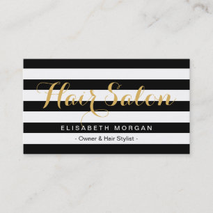 Modern Hair Salon Gold Script Black White Striped Visitekaartje