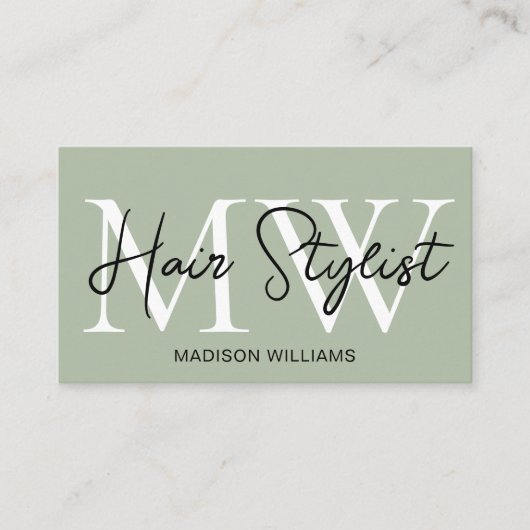 Modern Hair Stylist Monogram Sage Green  Visitekaartje (Voorkant)