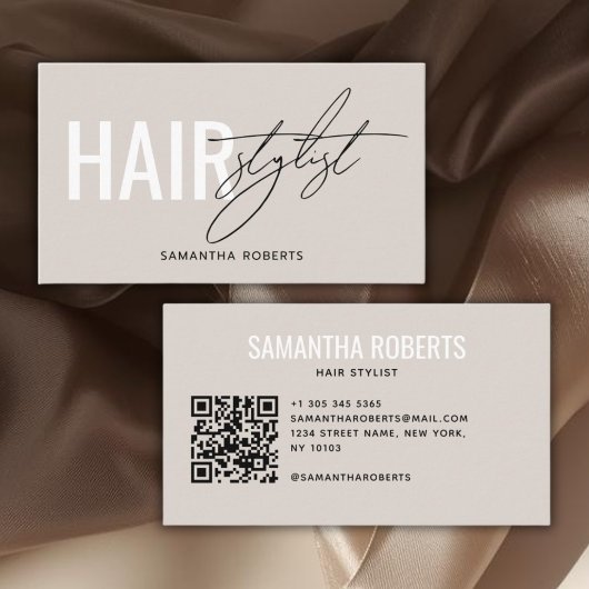 Modern hair stylist QR Code beige Visitekaartje