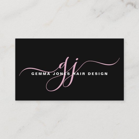Modern Hair Stylist Roze Script Monogram Zwart Visitekaartje (Voorkant)