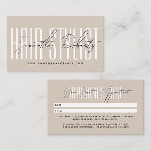 Modern hair stylist script typography beige afsprakenkaartje (Voorkant / Achterkant)