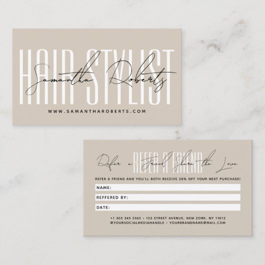 Modern hair stylist script typography customer  aanbevelingskaartje (Voorkant / Achterkant)