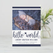 Modern Hallo World Navy Photo Birth Stat Aankondiging (Staand voorkant)