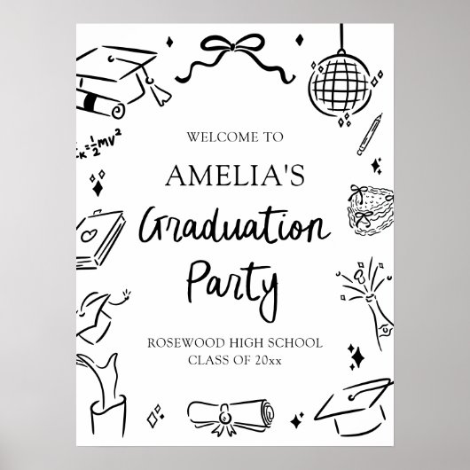 Modern Hand Drawn Bow Graduation Party Welcome Poster (Voorkant)