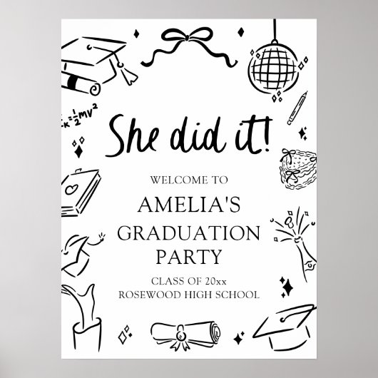 Modern Hand Drawn Bow Graduation Party Welcome Poster (Voorkant)