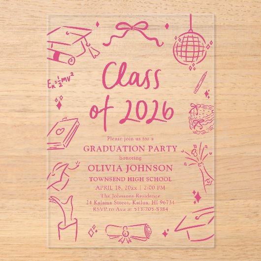 Modern Hand Drawn Class of 2026 Graduation Party Acryl Uitnodigingen (Voorkant)