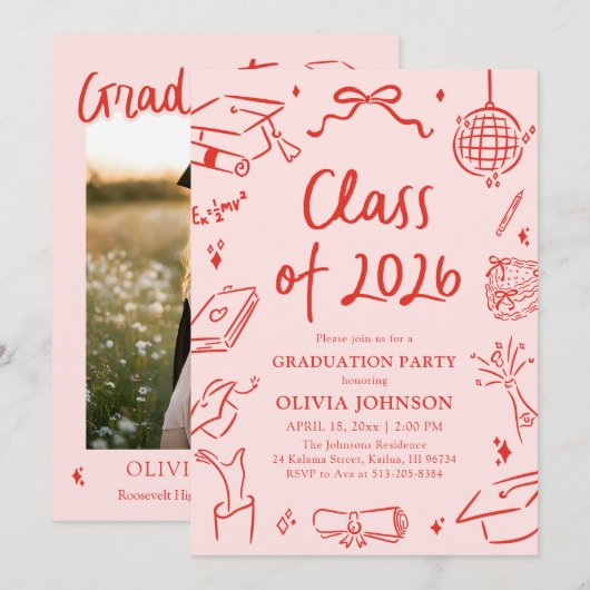 Modern Hand Drawn Class of 2026 Graduation Party Kaart (Voorkant / Achterkant)