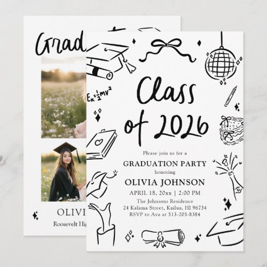 Modern Hand Drawn Class of 2026 Graduation Party Kaart (Voorkant / Achterkant)