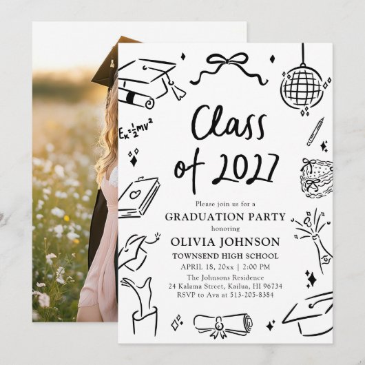 Modern Hand Drawn Class of 2027 Graduation Party Kaart (Voorkant / Achterkant)