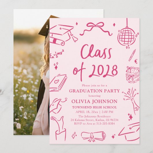 Modern Hand Drawn Class of 2028 Graduation Party Kaart (Voorkant / Achterkant)