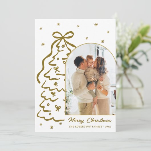 Modern Hand-Drawn Gold Christmas Tree Arch Photo Feestdagenkaart (Staand voorkant)