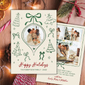 Modern Hand-Drawn Green Bows Photo Christmas Happy Feestdagenkaart