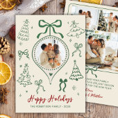Modern Hand-Drawn Green Bows Photo Christmas Happy Feestdagenkaart