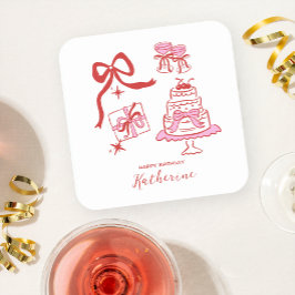 Modern Hand Drawn Red Pink Birthday Doodles Party Vierkante Kartonnen Onderzetter