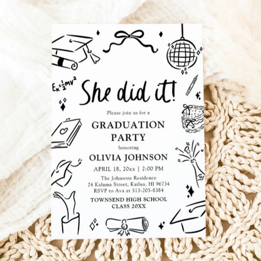 Modern Hand Drawn She did it Graduation Party Kaart