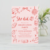 Modern Hand Drawn She did it Graduation Party Kaart (Staand voorkant)