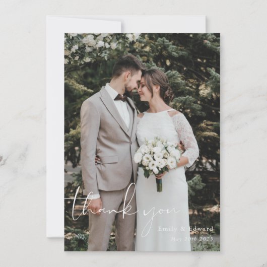Modern Hand Script Photo Wedding Bedankkaart (Voorkant)
