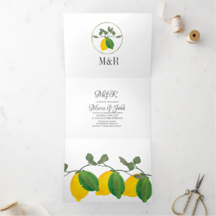 Modern Hand Waterverf Lemon Greenery Wedding Drieluik Uitnodiging