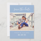Modern Handgeschreven Script Cloud Blue Wedding Ph Save The Date (Voorkant)