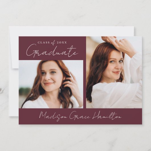 Modern Handgeschreven Script Maroon Photo Afstuder Aankondiging (Voorkant)