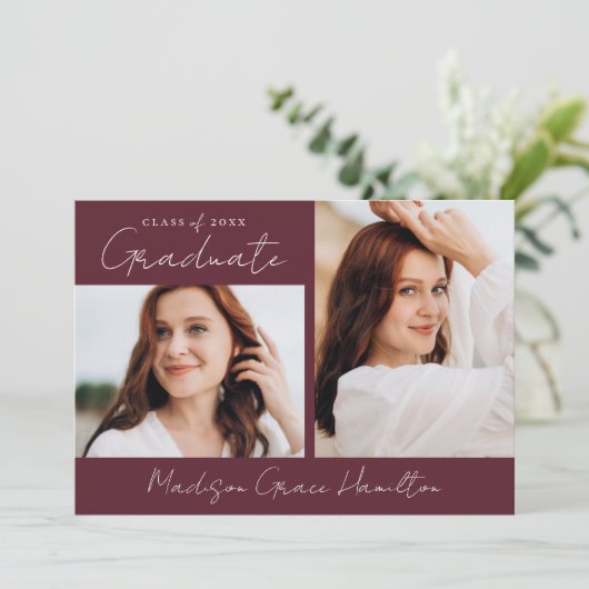 Modern Handgeschreven Script Maroon Photo Afstuder Aankondiging (Staand voorkant)