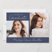 Modern Handgeschreven Script Navy 2 Foto Afstudere Kaart (Voorkant)