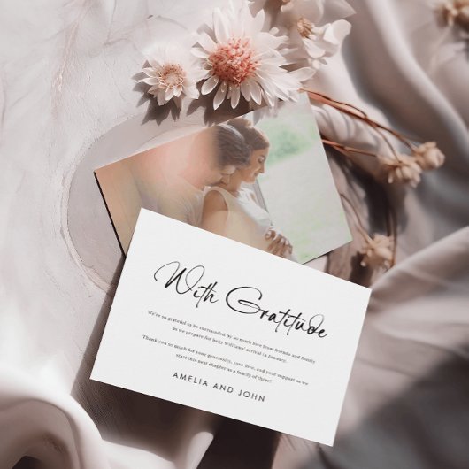 Modern handgeschreven script zwart wit foto bedankkaart