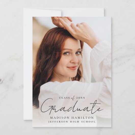 Modern handgeschreven zwart script 2 foto Afstuder Aankondiging (Voorkant)