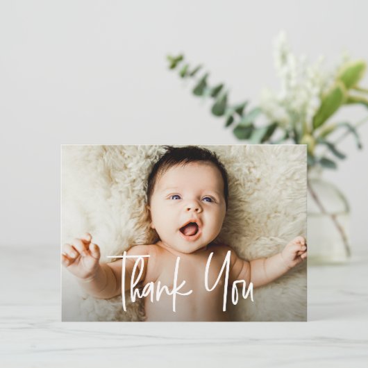 Modern Handlettering Custom foto Baby shower Bedankkaart (Staand voorkant)