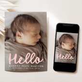 Modern Handwritten Hello Pink Photo Collage Birth Aankondiging