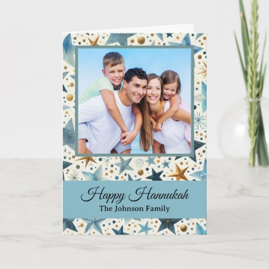 Modern Happy Hanukkah Pattern Custom Family Photo Kaart (Voorkant)