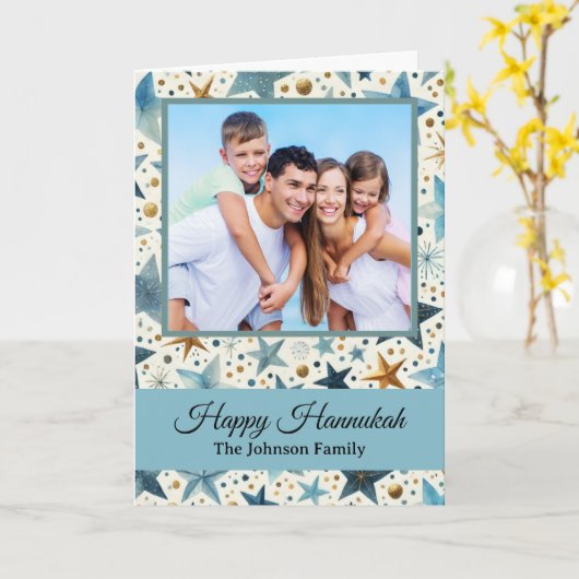 Modern Happy Hanukkah Pattern Custom Family Photo Kaart (Gele Bloem)