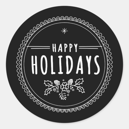 Modern Happy Holiday Round Zwart Kerst sticker (Voorkant)