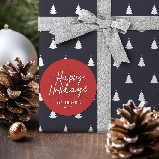 Modern Happy Holidays Script Snowflakes Christmas Ronde Sticker