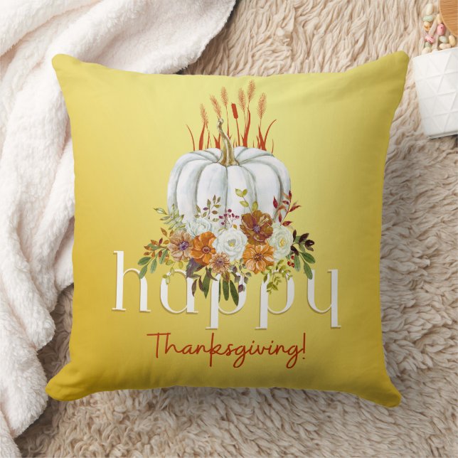 Modern Happy Thanksgiving Floral Pumpkin Yellow Kussen (Deken)