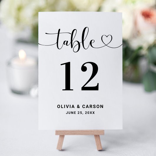 Modern Hart Script Trouwtafel Nummer Kaart