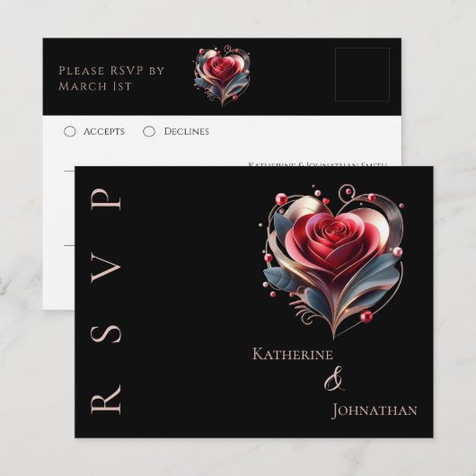 Modern Hartvormig Roos-RSVP-Wedding- Briefkaart (Voorkant / Achterkant)