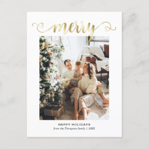Modern Heart Gold Merry Script Foto Kerstmis Feestdagenkaart