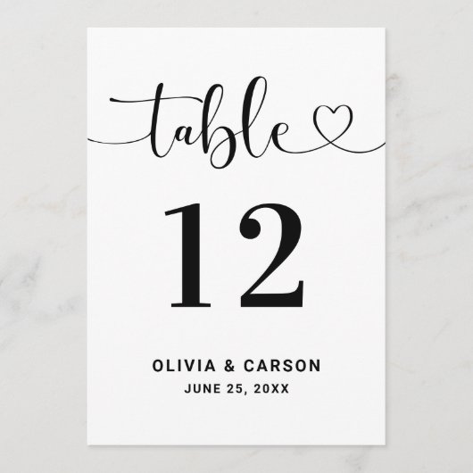Modern Heart Script Wedding Table Number Kaart (Voorkant)