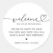 Modern Heart Script Wedding Welkom Hotel Gift Bag Ronde Sticker (Voorkant)