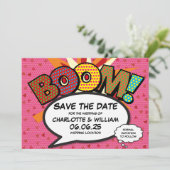 Modern Hearts Confetti Comic Wedding Sla de datum  Save The Date (Staand voorkant)