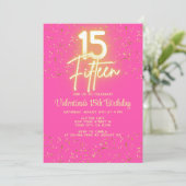 Modern Heet Roze Neon Glow Goud Glitter 15 Verjaar Kaart (Staand voorkant)