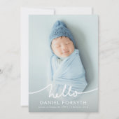 Modern Hello Script Newborn Baby Photo Birth Aankondiging (Voorkant)