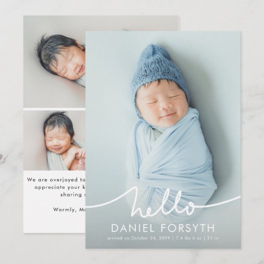 Modern Hello Script Newborn Baby Photo Birth Aankondiging (Voorkant / Achterkant)