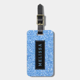 Modern hemelsblauw glitter textuur monogram bagagelabel