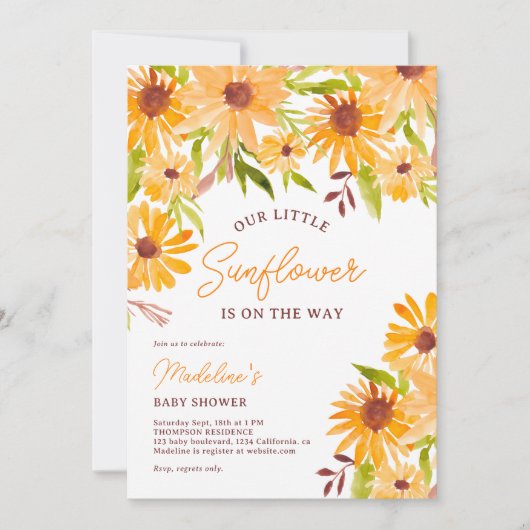 Modern herfst zonnebloem script baby shower kaart (Voorkant)