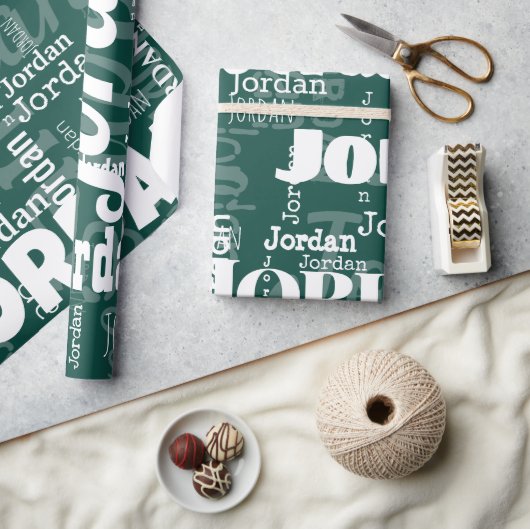Modern Herhalend Naam Patroon Smaragd Groen Wit Cadeaupapier (Crafts)