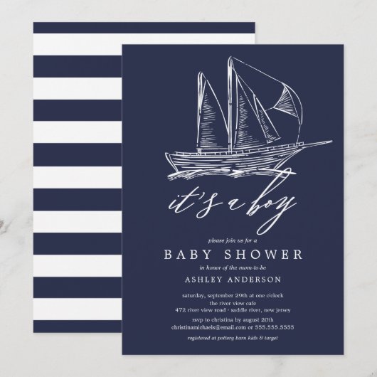 Modern Het is een Boy Sailboat Baby shower Kaart (Voorkant / Achterkant)